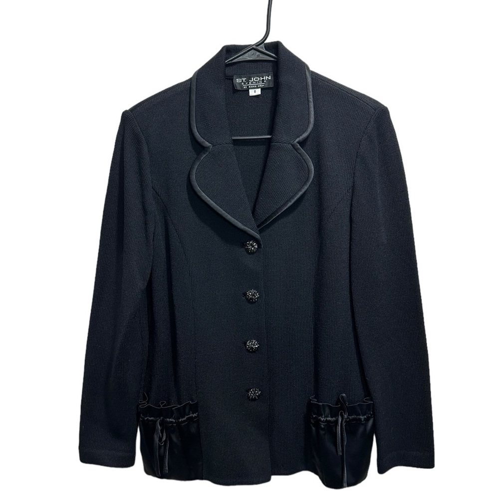 St. John Evening Blazer In Black Button Closure Satin Pockets size 8